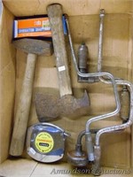 Flat of Various Tools, Hatchet, Tape, Hammer, etc