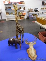 2 Wooden Carved African Animals + Ceramic Deer