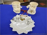 2 Ceramic Planters & Antique Milk Glass Plate