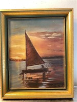 Small signed oil boat painting on canvas