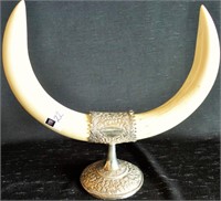 DECORATIVE BOAR'S TUSKS SET IN SILVER