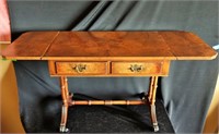 BURLED WALNUT DROPLEAF SIDE TABLE WITH DRAWERS