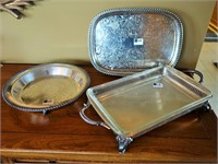 TWO SILVER PLATE TRAYS & SERVING DISH