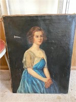 Large unsigned antique oil on canvas seated lady