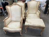 3 WINGBACK FRENCH STYLE ARM CHAIRS AND FOOTSTOOL