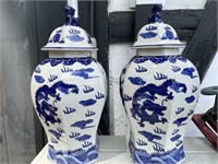 PAIR OF BLUE AND WHITE DRAGON VASES WITH