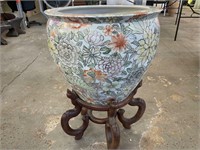 LARGE JAPANESE FLORAL POT ON STAND