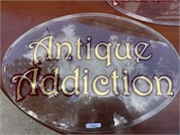 2 HANGING ANTIQUE ADDICTION GLASS SIGNS