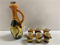 AUSTRALIAN POTTERY DECANTER AND 6 GLASSES