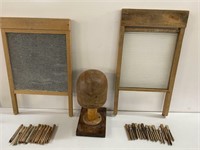 HAT BLOCK, 2X WASHBOARDS AND OLD PEGS