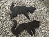 2 WOODEN HAND CARVED BLACK CATS