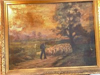 Antique oil painting man herd of sheep lamb signed