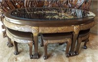 Oval Oriental Coffee Table w/Glass & 6 Stools