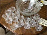 Large punch bowl and 18 cups press glass