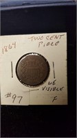 1864 Two Cent Piece ( We Visible ) Fine Condition