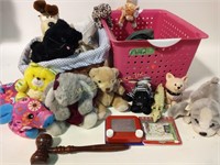 Basket, plush toys, plastic organizer