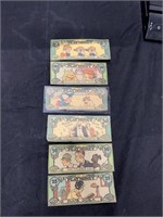 Lot- Six Vintage Comic Strip Character Play Money