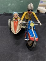 Vintage Metal Wind-Up Toy Motorcycle & Sidecar