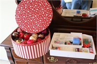 SEWING NOTIONS, HAT BOX FULL OF ORNAMENTS