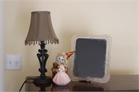SMALL LAMP, CAT, VINTAGE DOLL, PICTURE FRAME