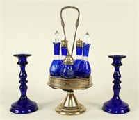 Cobalt Blue Castor Set & Pair Candle Holders