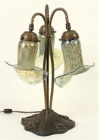 20th C. Bronze Lamp w/ Art Glass Shades