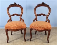 Pair of Walnut Flower Carved 19th C. Side Chairs