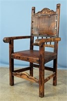 Mexican Carved Pine & Leather Armchair