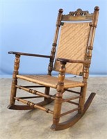 19th C. Porch Rocking Chair w/ Woven Seat & Back