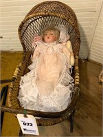 Wicker Baby Carriage w/ Baby Doll