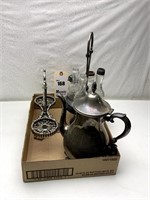 Silver Teapot, 4 Cruets in Silver Holder