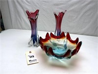 Art Glass Bowl and 2 Art Glass Vases