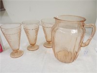 B65, Pink depression glass pitcher, 3 goblets