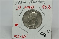 1962-d Washington Quarter MS65 D over D error