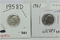 (2) Silver Roosevelt Dimes- 1961 MS65, 1958-d AU