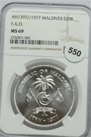 1977 Maldives Silver $20R F.A.O. MS69