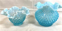 TWO BLUE OPALESCENT HOBNAIL DISHES