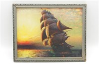 Small Vibrant Antique Ship Print in Frame