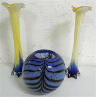 Art Glass Bowl and Pair of Vases