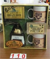 Coffee Grinder, coffee, and two mugs set