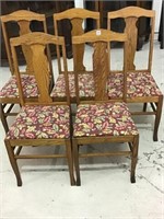 Set of 5 Matching Oak Chairs w/ Upholstered Seats