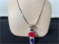 Unusual Sterling Pendent W/ Blue & Red Stones