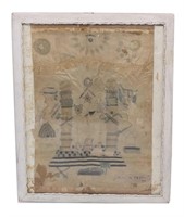 Early 1842 Hand Painted Masonic Silk Panel