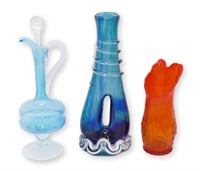 3 Pieces Blue, Red, & Orange Art Glass