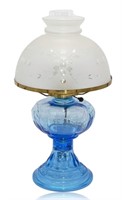 Vintage Blue Pressed Glass Oil Lamp Frosted Shade