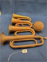 (4) Assorted Military  Trumpets & A Cannon Ball