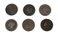 Six 1800's Large US Cent Pieces Classic Head