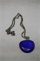 Blue Glass Pendant & Silver Color Chain Necklace