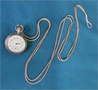 Sterling With Gold Pocket Watch & Long Chain