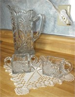 CUT GLASS SUGAR, CREAMER, PRESSED GLASS PITCHER